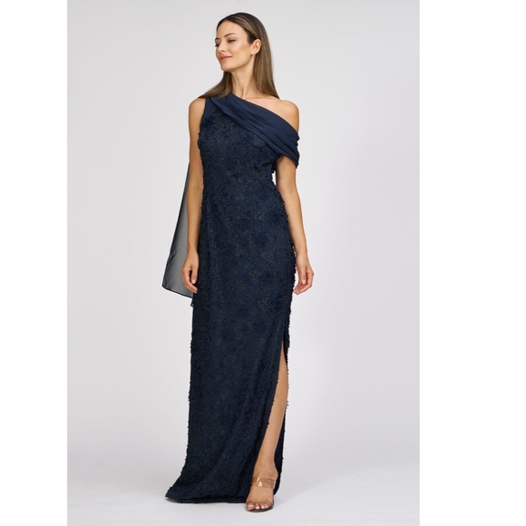 NEW JS COLLECTIONS Navy Lace ELODIE Floral ONE SHOULDER Chiffon DRAPED GOWN 10 - Picture 2 of 13